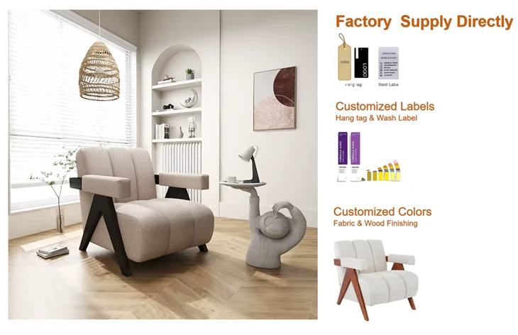 Kerusi Accent Upholstered Moden dengan Kerusi Berlengan Fabrik Bingkai Kayu untuk Ruang Tamu Balkoni Lounge Boleh Disesuaikan